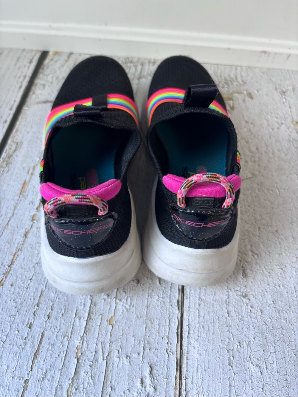 Skechers Kids Black Slip-On Sneakers with Rainbow Straps and Pink Lining - Picture 3 of 6
